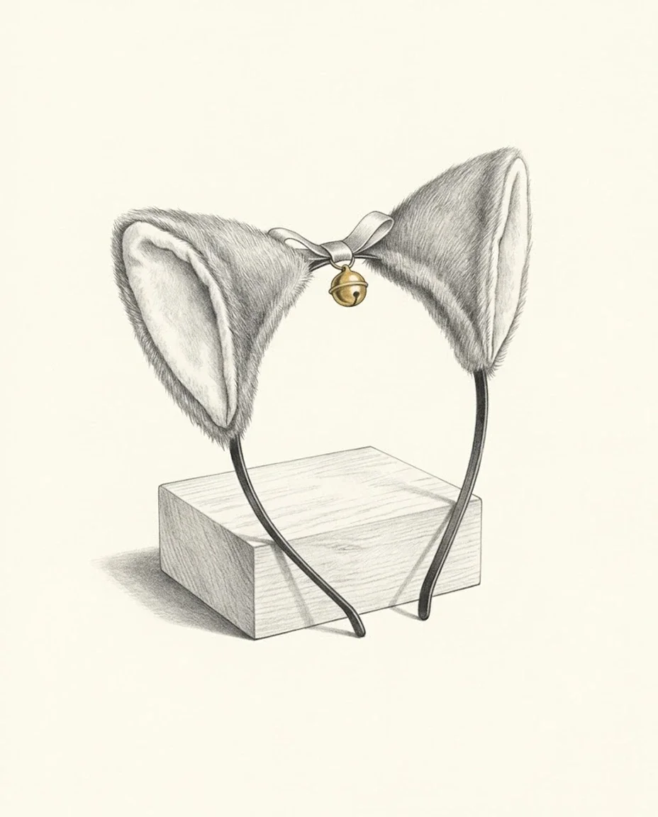 A cat-ear headband with soft grey furry ears stands astride a small wooden museum block, a tiny gold bell hanging from a ribbon bow between the ears.