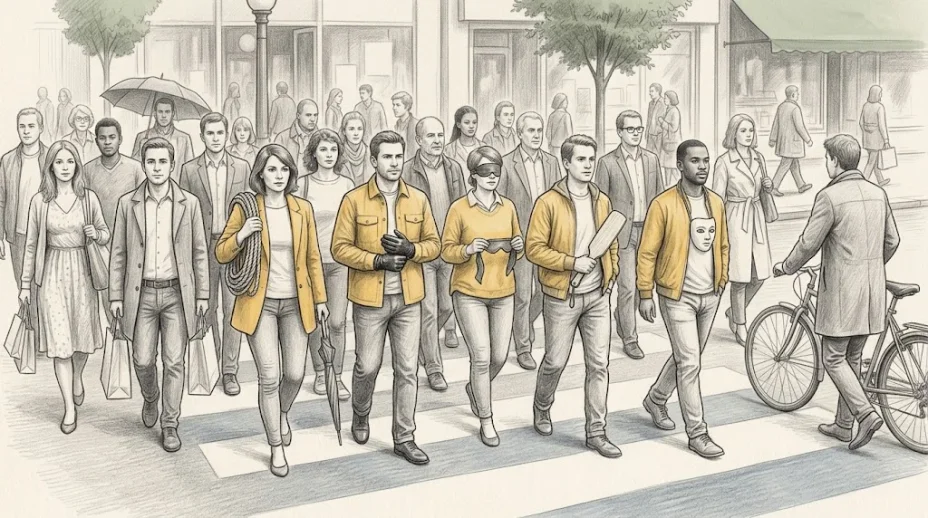 A crowd of ordinary adults crossing a city street in daylight, a few of them carrying a coiled rope, a folded blindfold, a paddle or leather gloves among the bags and umbrellas.