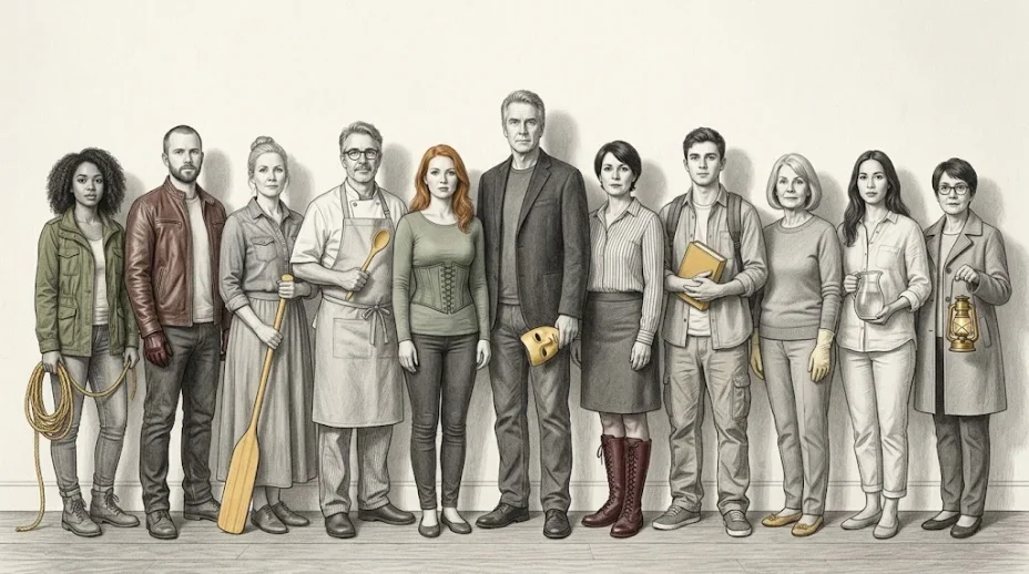 Eleven clothed adults standing in a row against a plain wall, each holding one object, a coiled rope, a leather glove, a paddle, a mask, a boot among them.