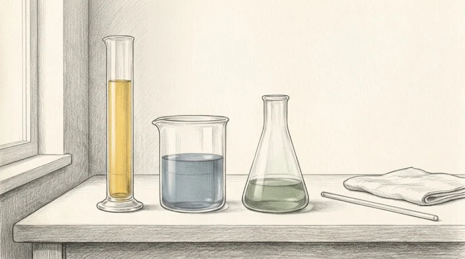 Three glass measuring vessels of different shapes on a laboratory bench, a tall cylinder, a wide beaker and a flask, each filled to a different level.
