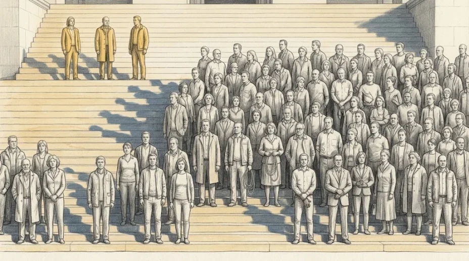Six wide stone steps of a public building crowded with clothed adults, a few on the top step and more on each step down, the middle steps the fullest.