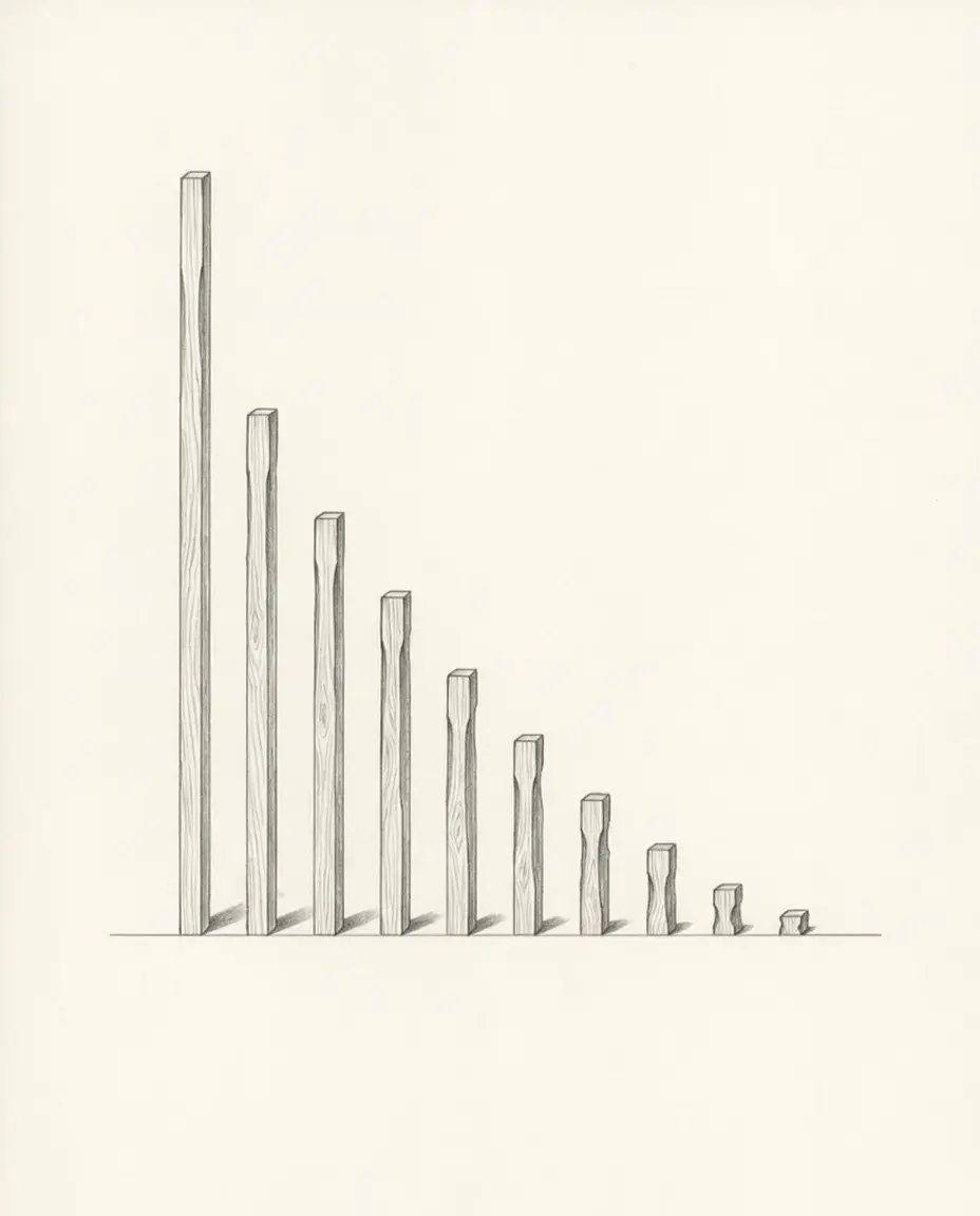 Ten carved wooden posts of steeply falling height standing in a row, the tallest at the left, on warm blank paper.