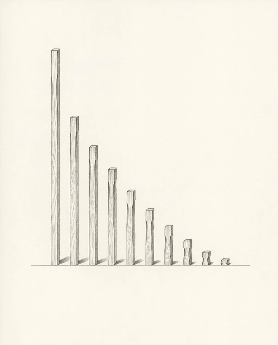 Ten carved wooden posts of steeply falling height standing in a row, the tallest at the left, on warm blank paper.