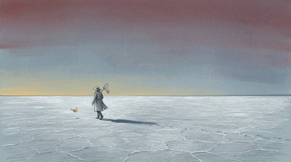 A lone figure with a butterfly net crosses an endless salt flat at dusk, a single small moth fluttering nearby under an enormous sky.