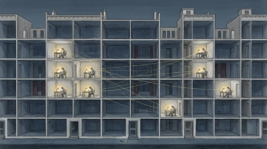 A row of apartment buildings cut open at night, almost every room dark, a few lit rooms with a lone person drawing, fine threads joining them.