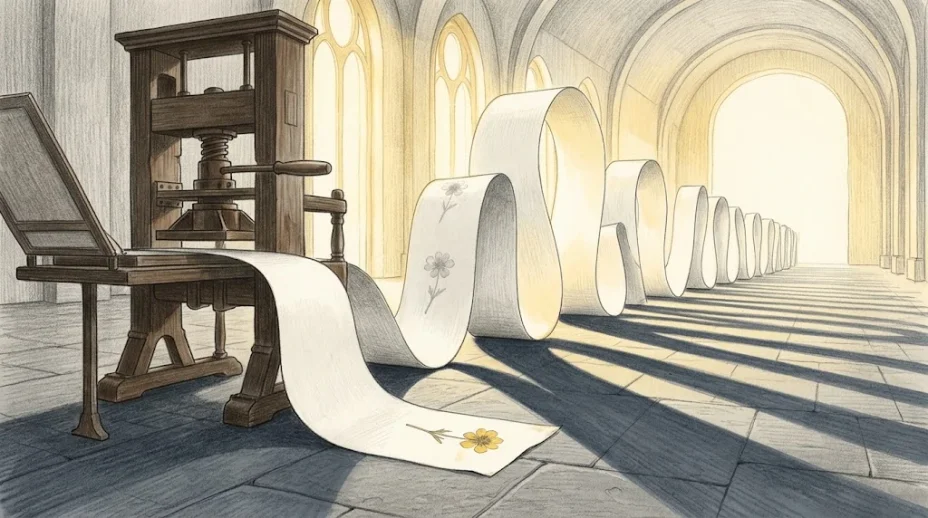 An old printing press in a vaulted hall feeds a looping ribbon of paper; a pressed flower lies at its near end, then fading copies, then bare paper.