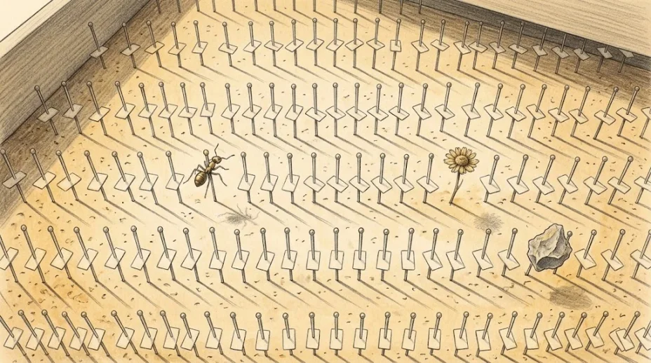 A wooden drawer lined with cork, rows of steel pins with blank tags, nearly all of them empty, one holding an ant, one a daisy and one a grey stone.