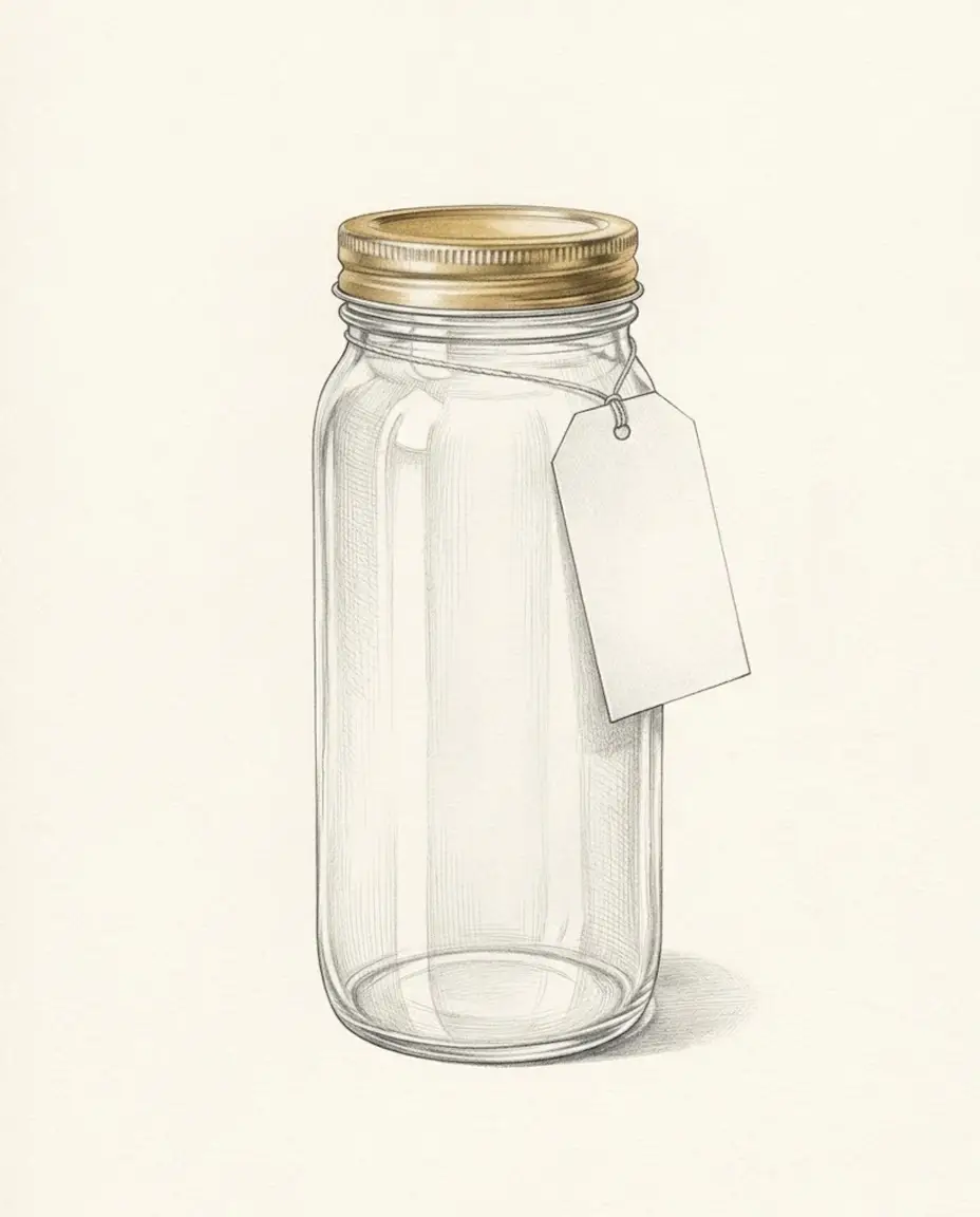 An empty glass preserving jar with a gold screw lid and a blank paper tag tied to its neck, standing alone on warm paper.