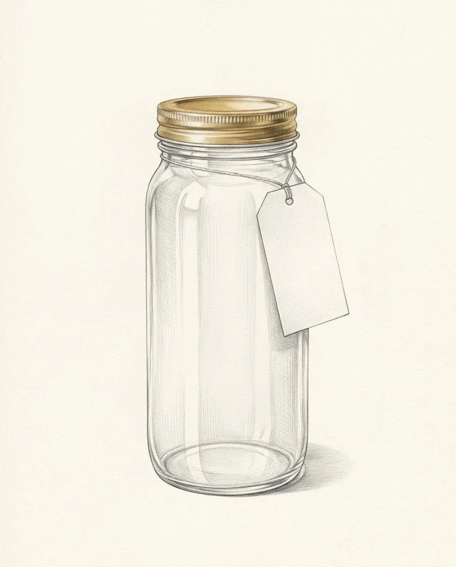 An empty glass preserving jar with a gold screw lid and a blank paper tag tied to its neck, standing alone on warm paper.
