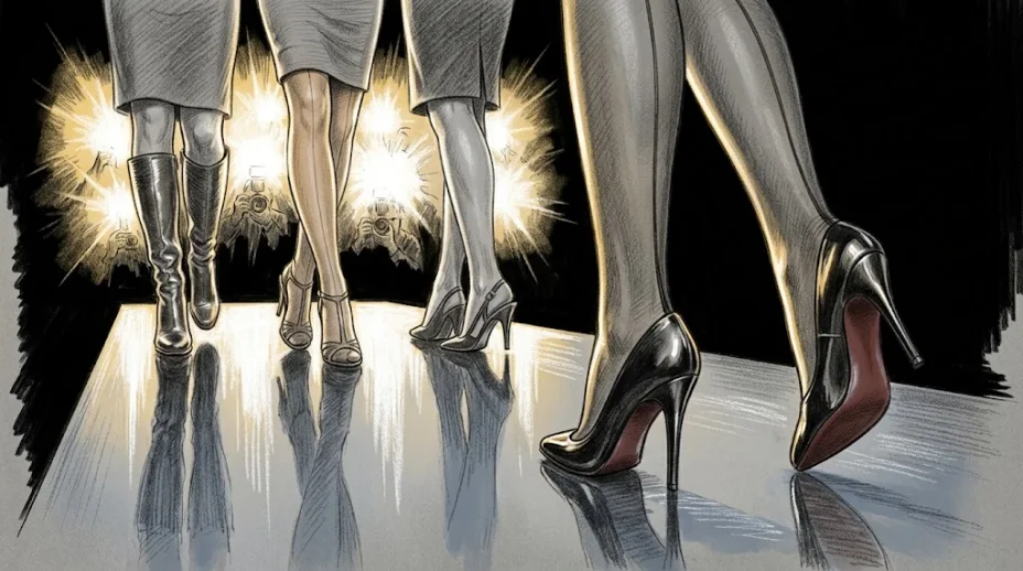 A runway seen from floor level: black seamed stockings and red-soled patent stilettos mid-stride up close, more models in boots and heels beyond, under camera flashes.
