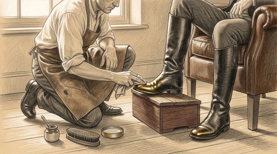 A man in a leather apron kneels to polish a tall black riding boot resting on a shoeshine box, its wearer seated above, the leather shining.
