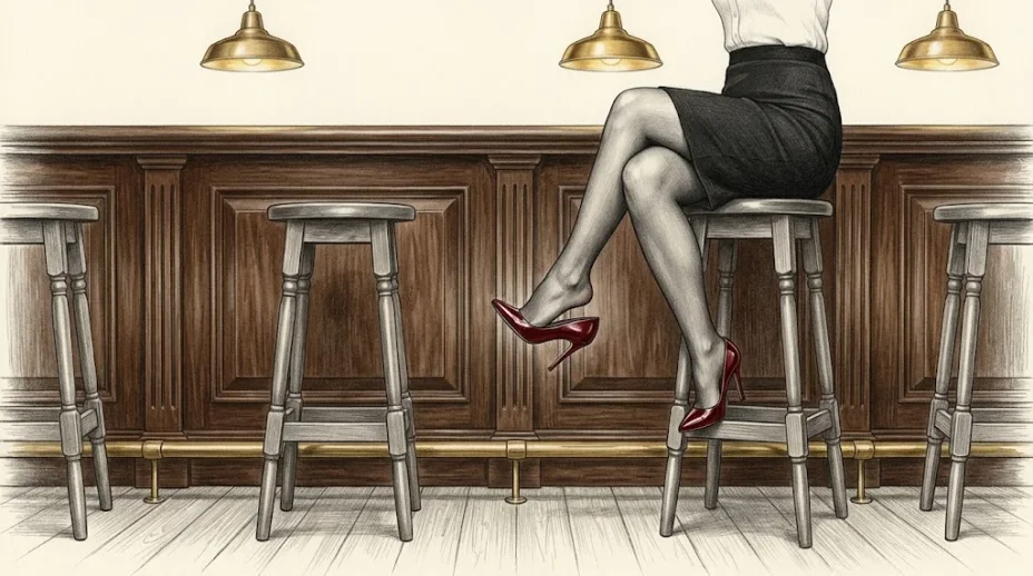 A woman on a bar stool, legs crossed in black stockings, one red stiletto hanging from her toes above the brass footrail, empty stools along the bar.