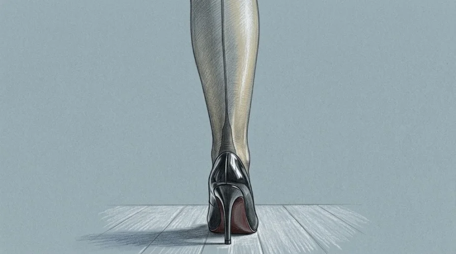The back of a calf in a sheer nylon stocking up close, its dark seam running straight down into the reinforced heel above a black patent stiletto.