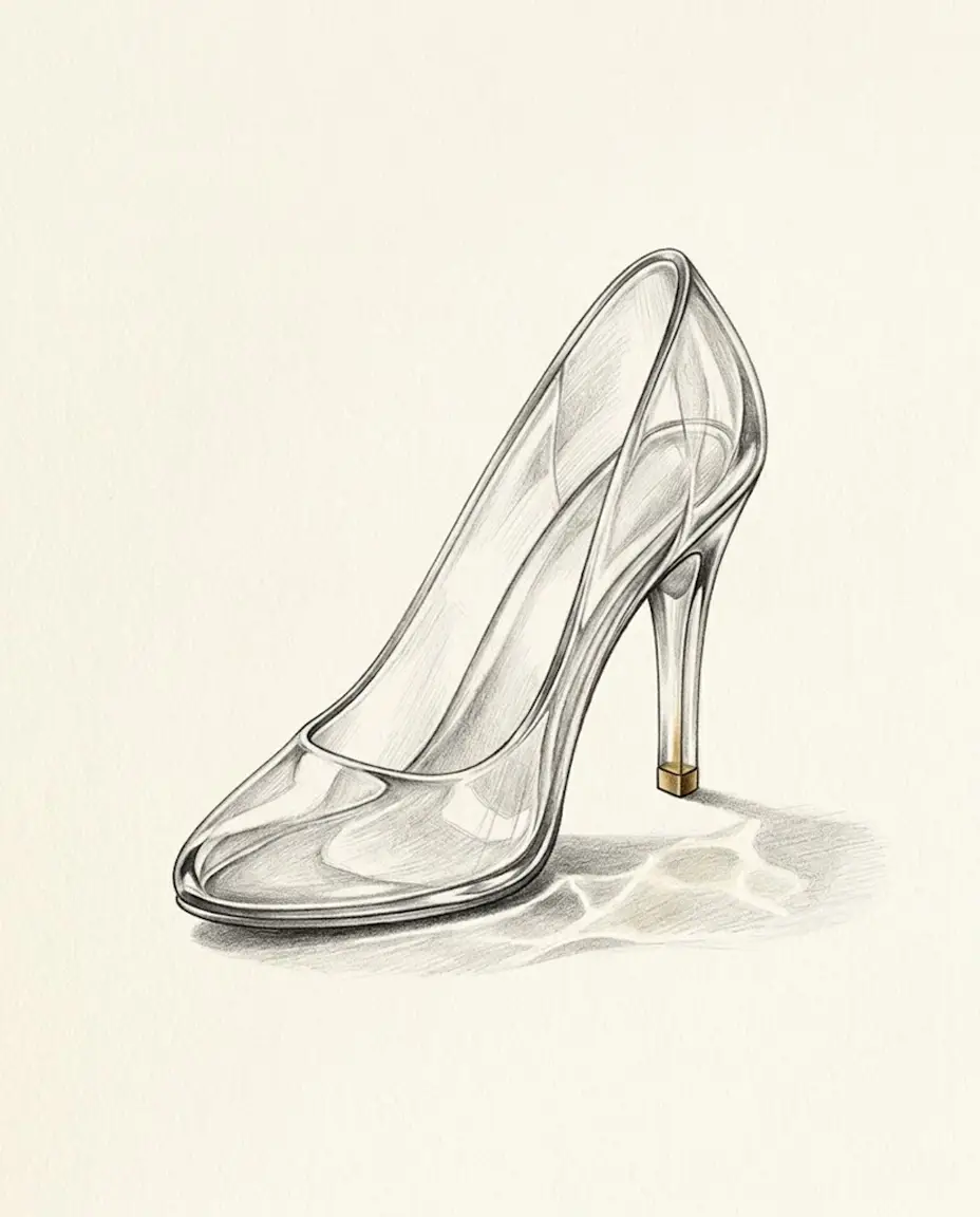A single clear glass slipper with a slender heel stands alone on warm paper, light passing through its toe and a gold tip on the heel.