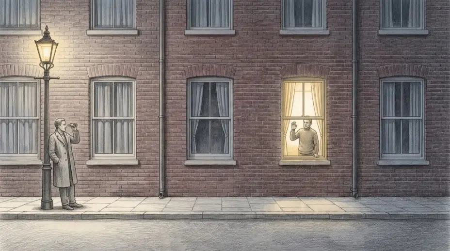A terrace of townhouses at dusk, one lit window with curtains open and a figure inside waving, the rest curtained, a passer-by with opera glasses on the pavement.