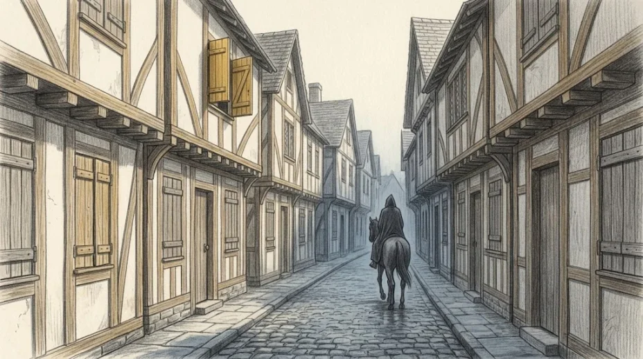 A narrow medieval street with every timber-framed window shuttered, one shutter on the left ajar, a cloaked rider on a horse seen from far behind at the street's end.