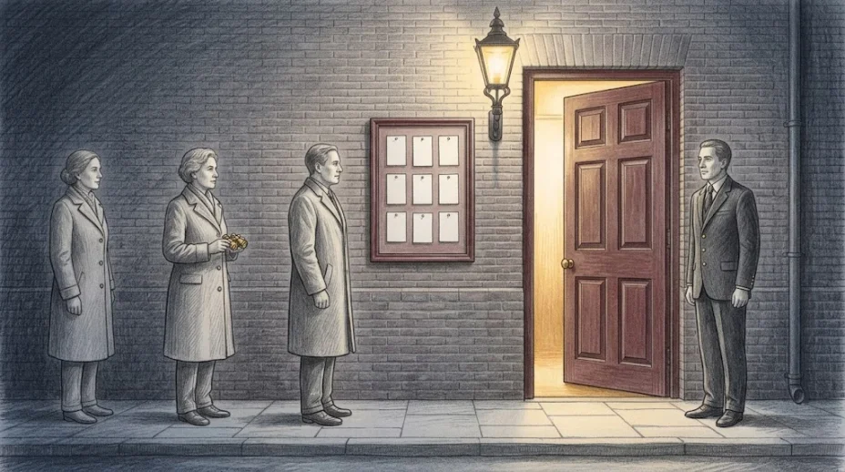 The doorway of a small club at night with a doorperson beside a framed notice board with blank cards, three guests in coats waiting to go in, opera glasses in one hand.