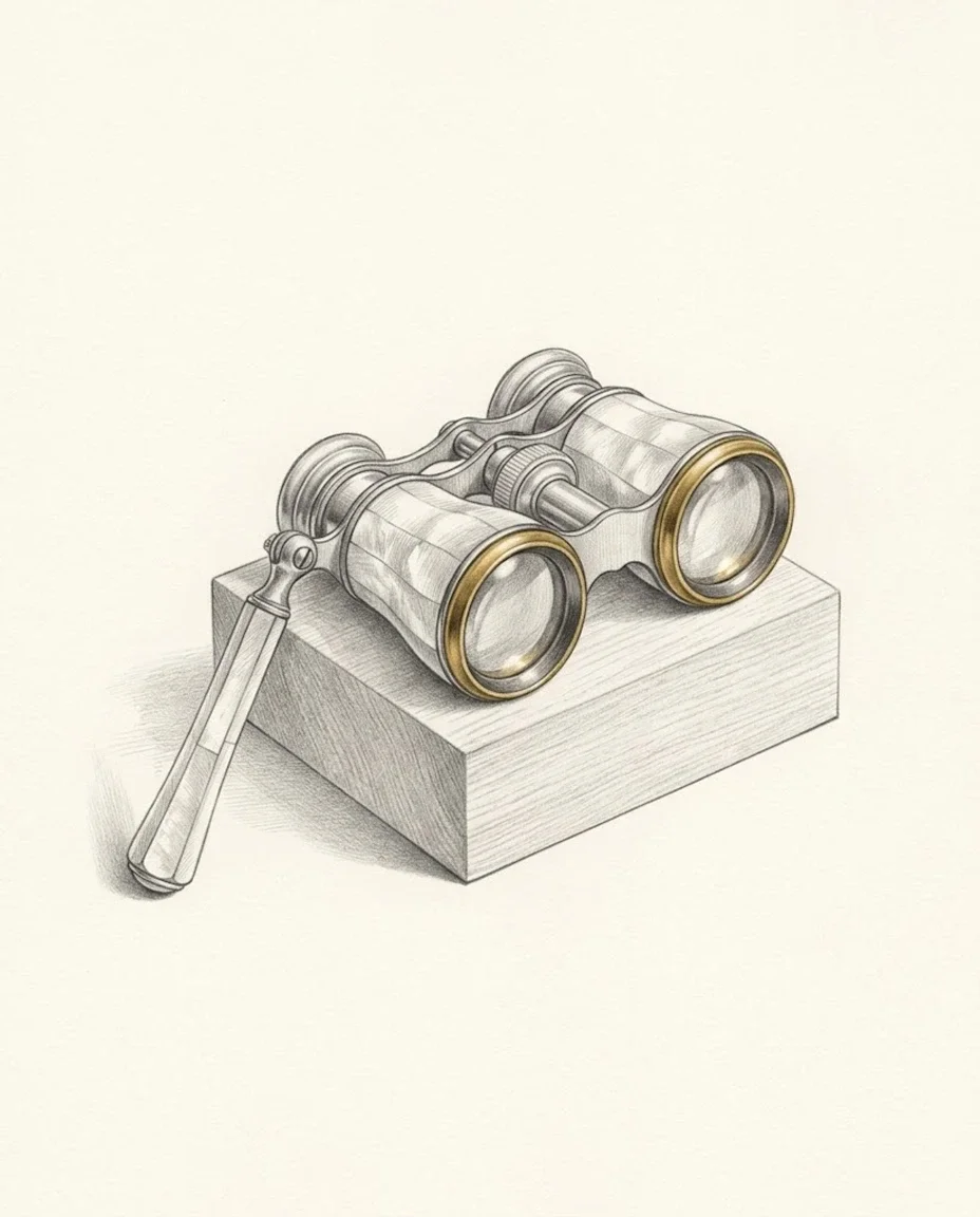 A pair of vintage mother-of-pearl opera glasses on a slender handle rests on a small wooden museum block, the brass rims of both lenses in gold.