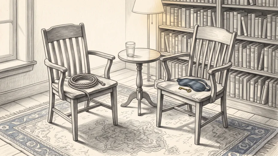 Two wooden chairs face each other across a rug, a coiled rope resting on one seat and a folded blindfold with a brass key on the other.