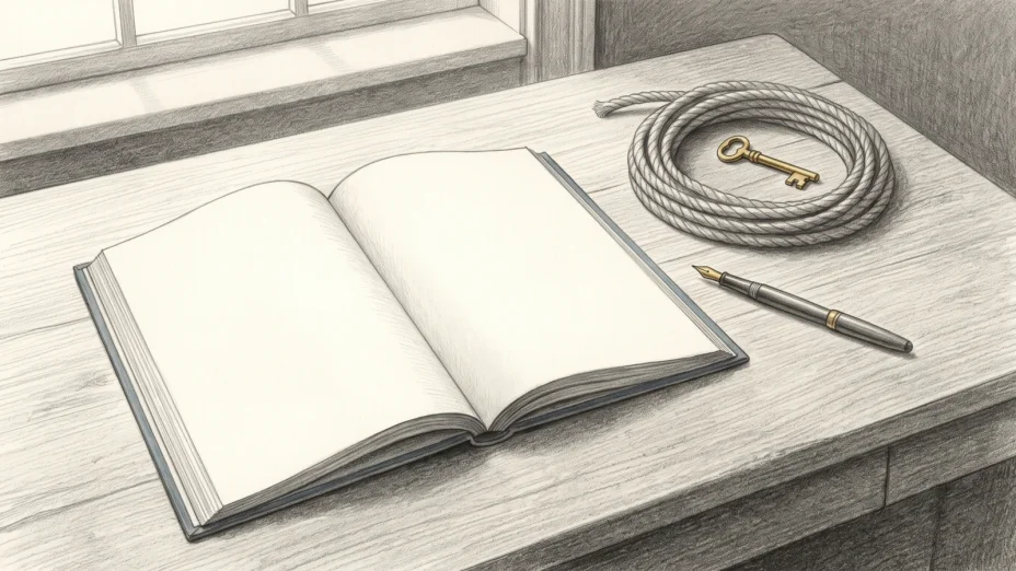 An open ledger with blank pages lies beside a coiled rope and a small brass key on a wooden desk.