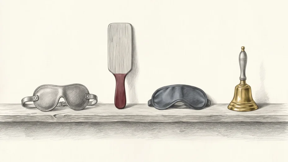 A wooden shelf holds a leather eye mask, a plain paddle and a folded blindfold in a row, with a small brass bell at the end.