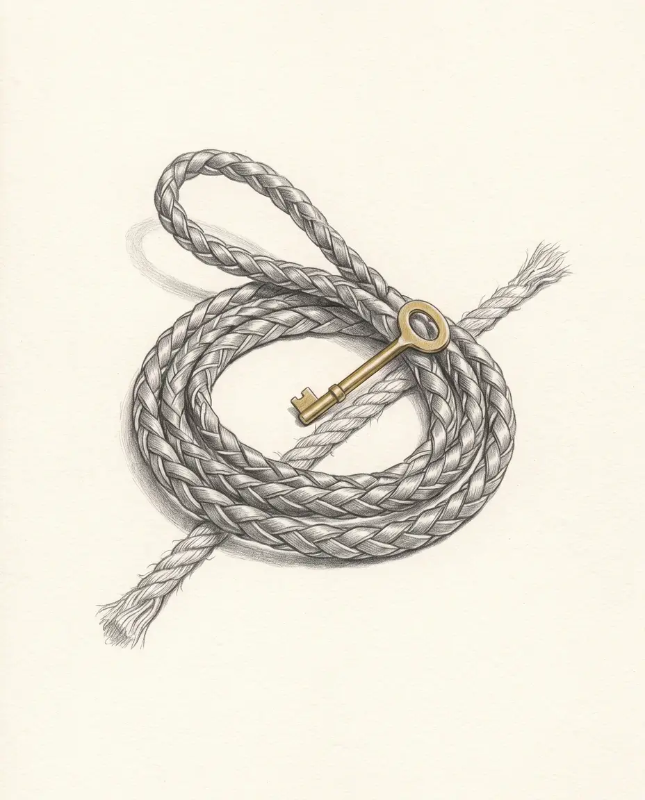 A braided leash lies coiled beside a length of knotted rope, with a small brass key resting across the turns.