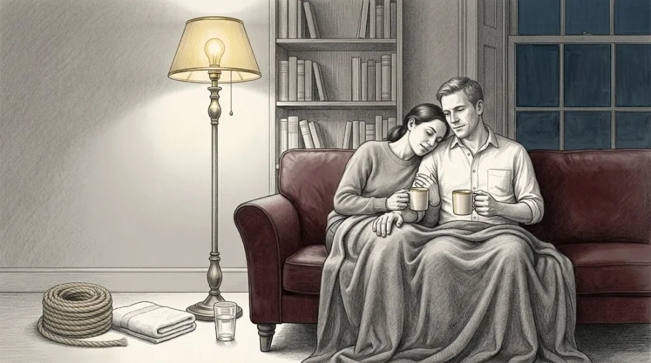 A woman and a man sit close under one wool blanket on a sofa in a lamplit room with mugs of tea, a coil of rope and a folded towel set down on the floor beside them.