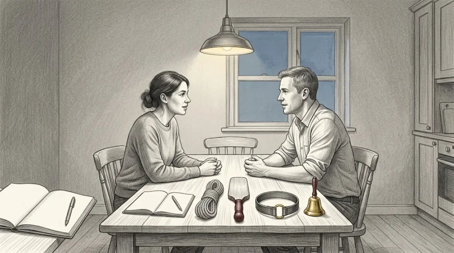 Two adults sit across a kitchen table in the evening with an open notebook, a coil of rope, a paddle, a leather collar and a small brass bell laid out between them.
