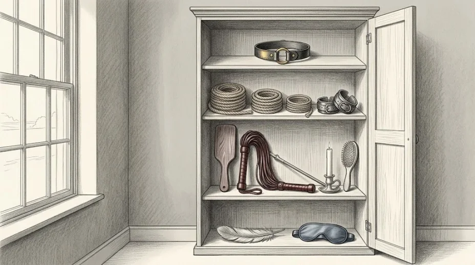 A tall open cabinet with four shelves: a single collar on the top, coils of rope on the second, paddles and floggers crowding the third, a feather and a blindfold on the bottom.