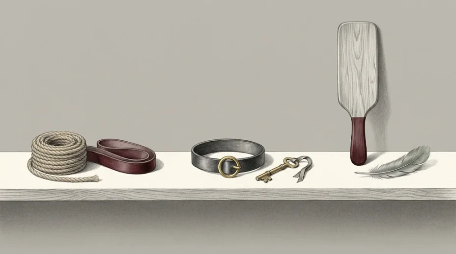 Three pairs of objects stand on a plain wooden shelf: a coil of rope beside a folded strap, a collar beside a brass key, and a leather paddle beside a soft feather.