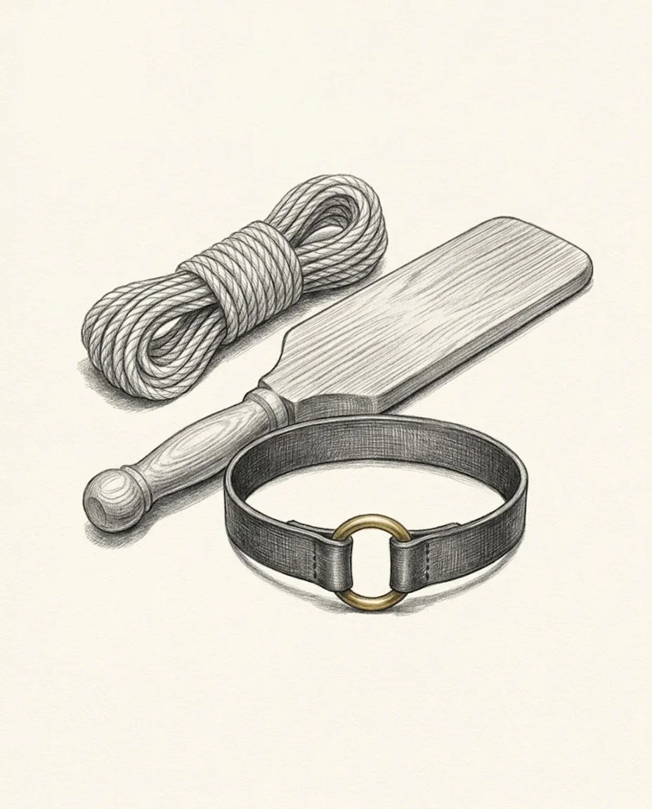 A coil of jute rope, a wooden paddle and a plain leather collar with a brass ring lie together on blank paper, the ring picked out in gold.
