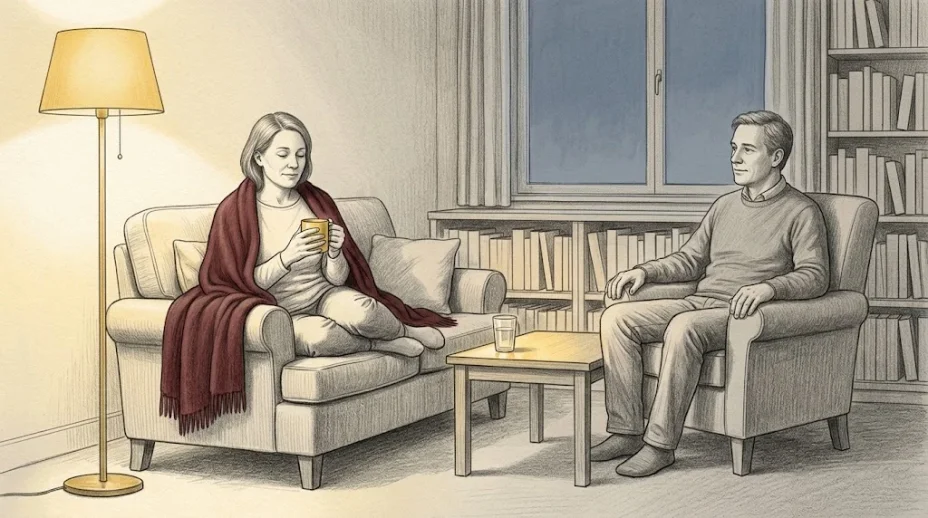 One adult rests on a sofa wrapped in a wool blanket, holding a mug of tea, while a second adult sits in an armchair across a low table with a glass of water on it.