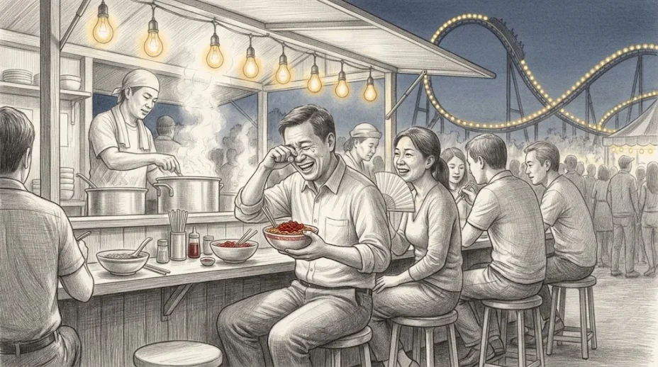 Adults eat at a busy street-food stall in the evening, one wiping tears while laughing over a bowl of red chili noodles, a roller coaster lit up behind them.