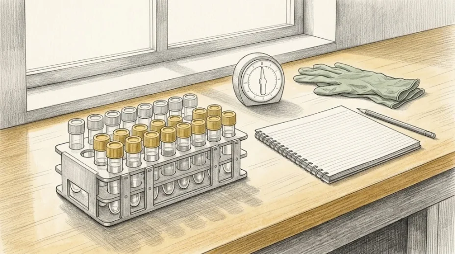 Rows of small capped sample tubes stand in a rack on a laboratory bench beside a timer, a pair of gloves and a spiral notebook with blank ruled pages.