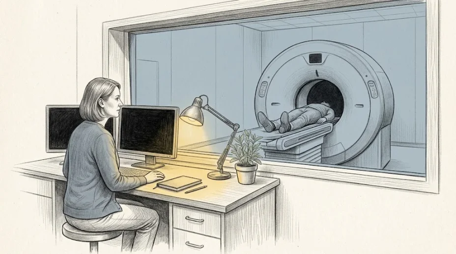 A researcher sits at a control desk watching through a glass window as a volunteer lies on the bed of a brain scanner in the next room.