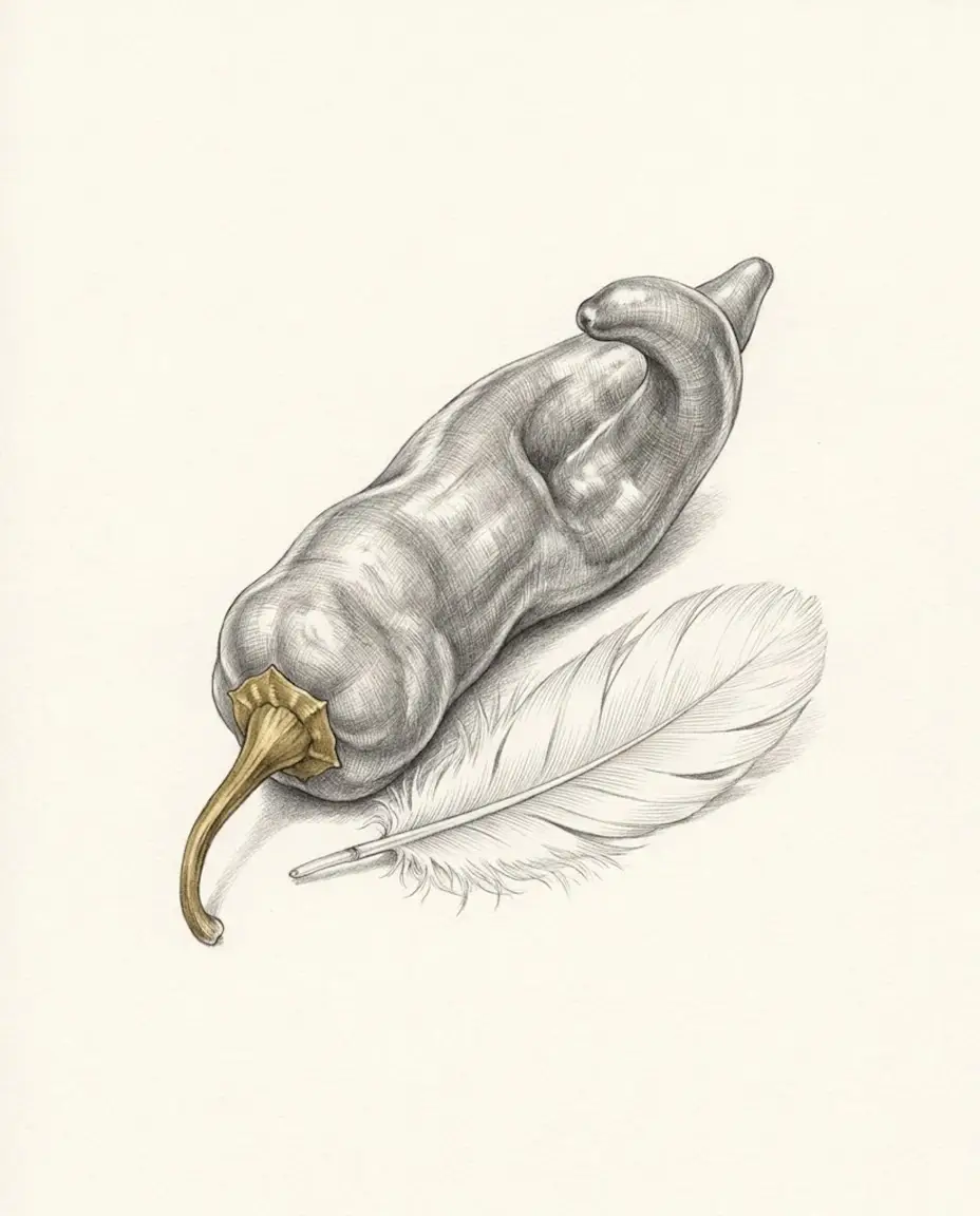 A single plump chili pepper lies on an empty ground with a soft white feather resting against it, the pepper's gold stem and the feather's quill both pointing to the lower left.