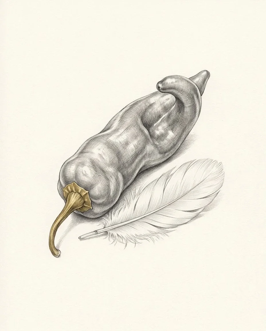 A single plump chili pepper lies on an empty ground with a soft white feather resting against it, the pepper's gold stem and the feather's quill both pointing to the lower left.