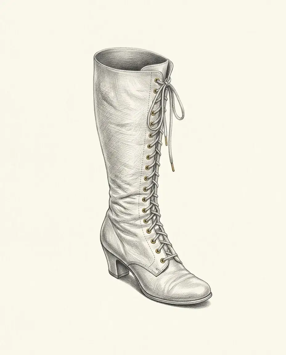 A single laced leather boot stands alone on blank paper, its row of eyelets picked out in gold.