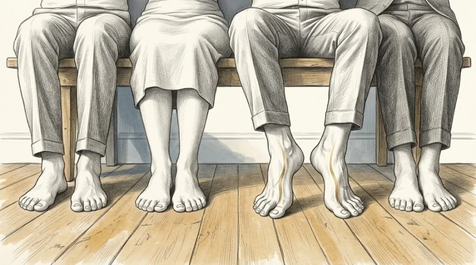 Five adults sit in a row on a low wooden bench, seen from the knees down, their bare feet on the floor with toes toward the viewer, one pair marked in gold.
