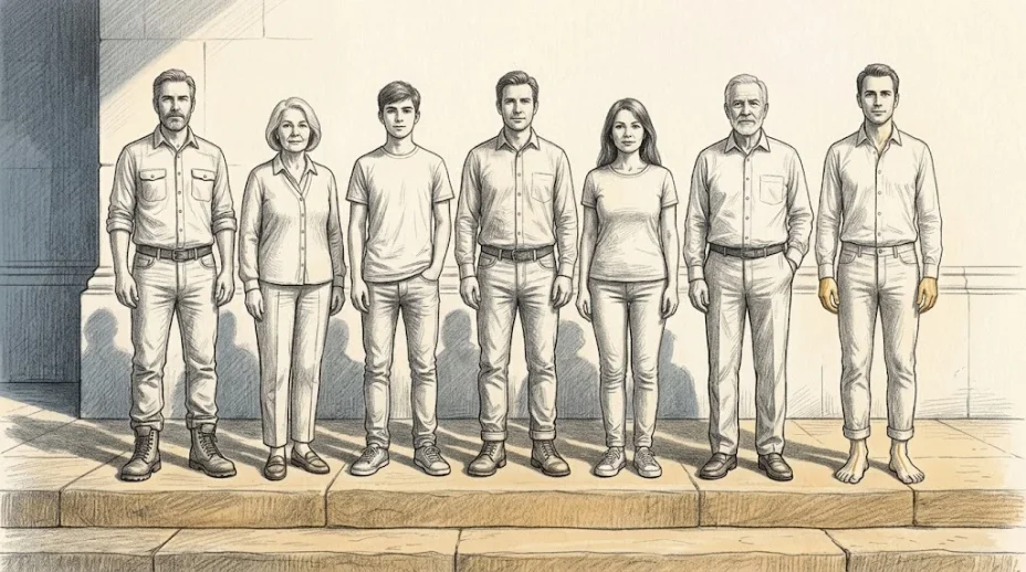 Seven ordinary adults stand in a row on a stone step in everyday clothes, six in shoes and the one at the right barefoot with toes toward the viewer.