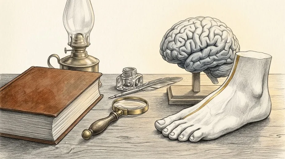 A nineteenth-century physician's desk holds a thick clothbound volume, a plaster foot, a plaster brain and an oil lamp, one tendon on the foot in gold.
