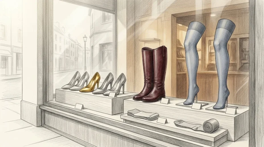 A shoe shop window seen from the pavement holds a row of high heels, a pair of boots and stockinged display legs on stands, one heel picked out in gold.