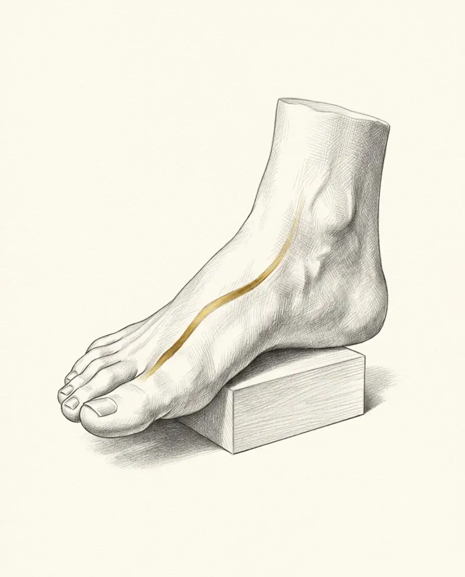 A single bare foot cast in plaster stands on a small wooden museum block, arch lifted and toes forward, one tendon line on its top picked out in gold.