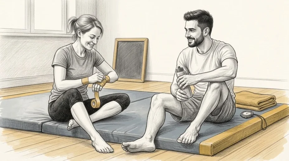 A woman and a bearded man sit at the edge of a blue gym mat catching their breath, she taping her wrist, he holding a water bottle, a folded blanket beside them.