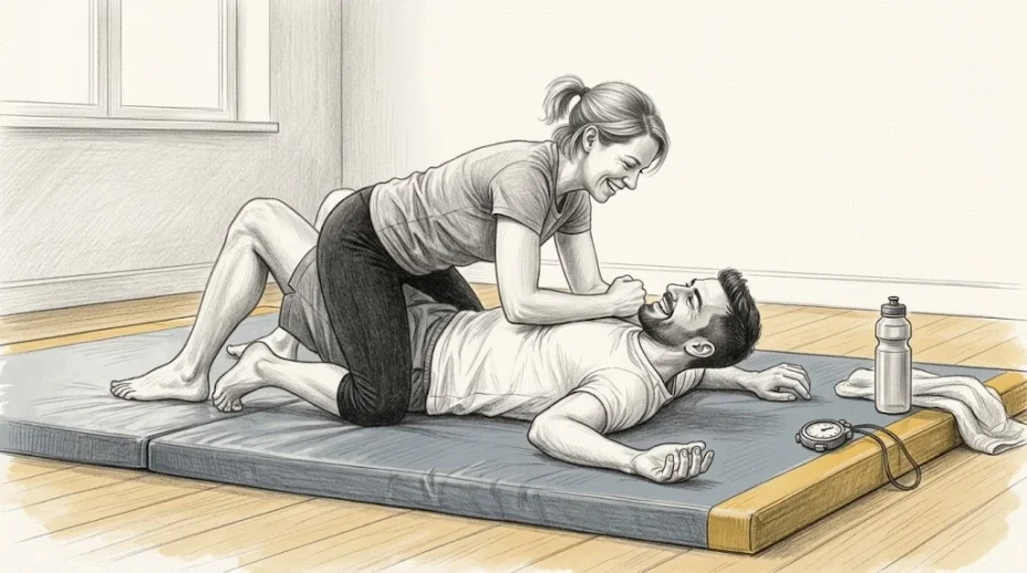 A woman in a grey T-shirt pins a grinning bearded man to a blue gym mat by his shoulders, both barefoot, a stopwatch and water bottle at the mat's taped edge.