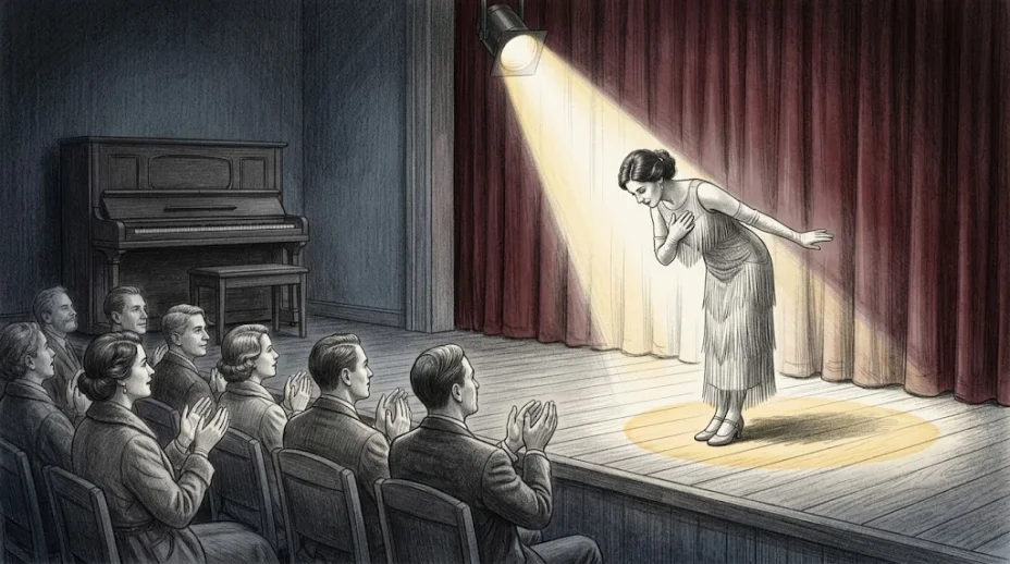 A woman in a long fringed gown and elbow-length gloves takes a bow at the edge of a small stage under one spotlight, the first row of seated spectators visible below her.