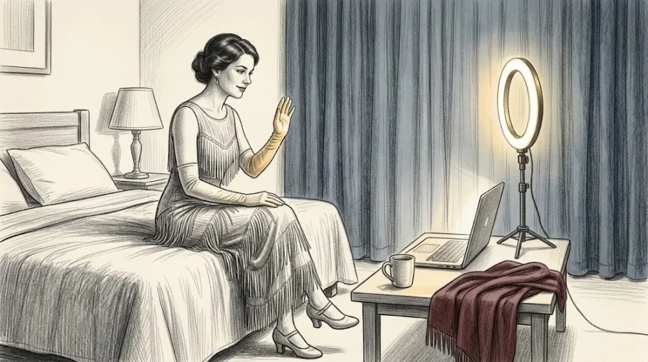 A woman in a fringed gown and long gloves sits before a laptop and a lit ring light in a small tidy room, one gloved hand raised in a wave toward the lens.