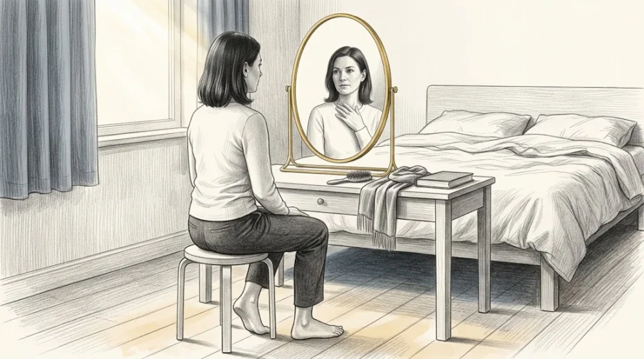 A woman with jaw-length dark hair sits before an oval gilt-framed mirror in a quiet bedroom, meeting her own eyes in the glass, one hand at her collarbone.