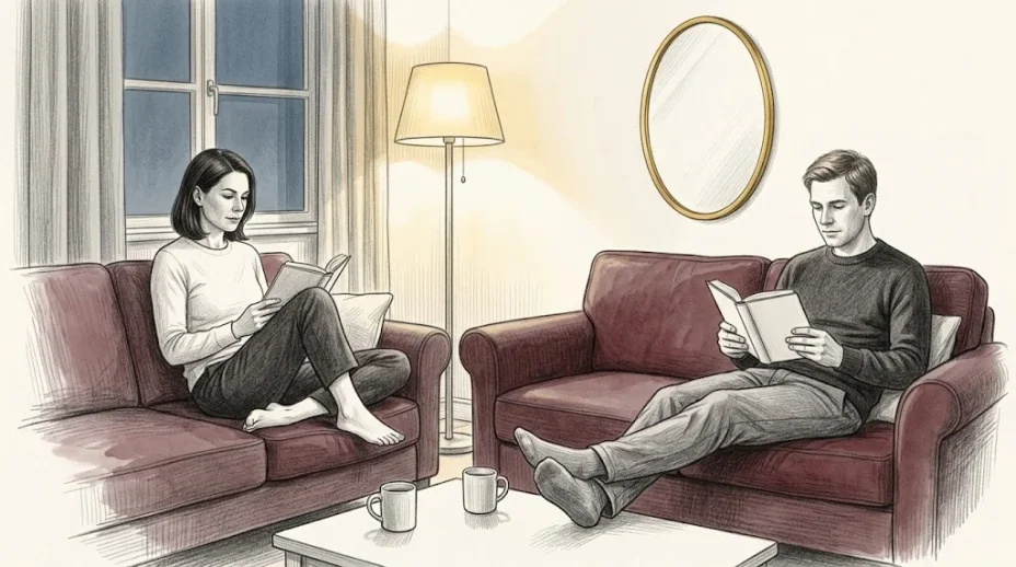 A woman with jaw-length dark hair reads at one end of a sofa while a man reads at the other, a clear gap of cushion between them and a lamp lit.