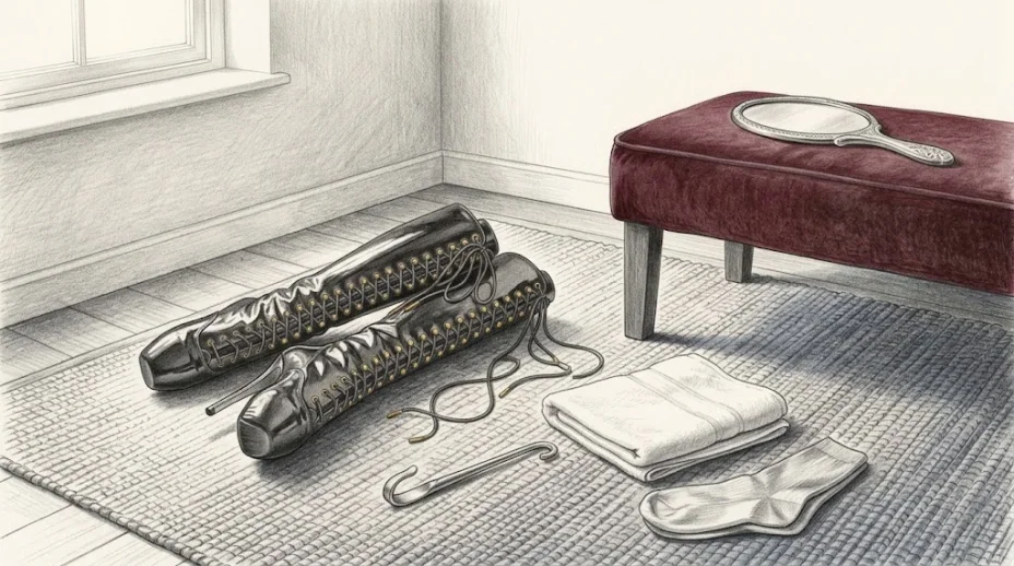 A pair of black patent ballet boots lies on its side on a woven rug, laces loosened, pointe toes toward the viewer, beside a boot hook, a towel and socks, a velvet bench behind.